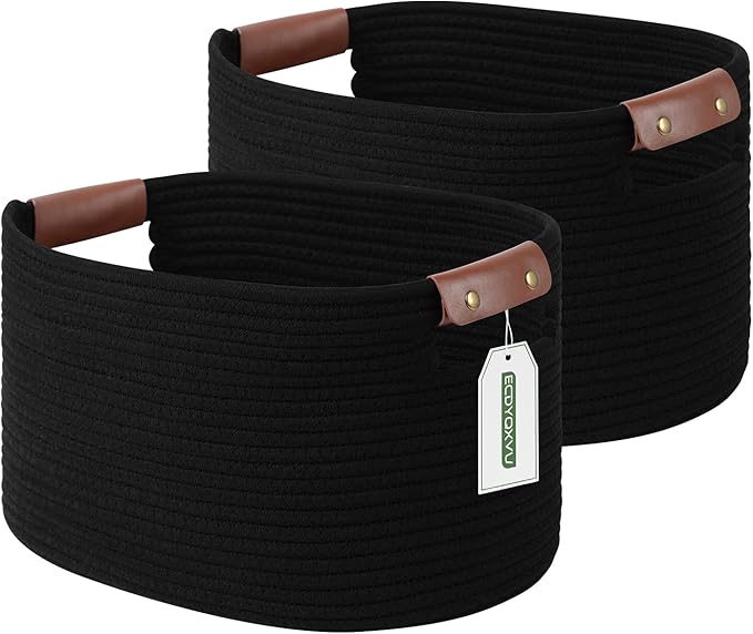 ECDYQXVU Cotton Rope Basket, Storage Baskets with Handle, 15x10x9 Inch Woven Basket for Shelves, Laundry, Towels, Clothes, Books (Black 2Pack)