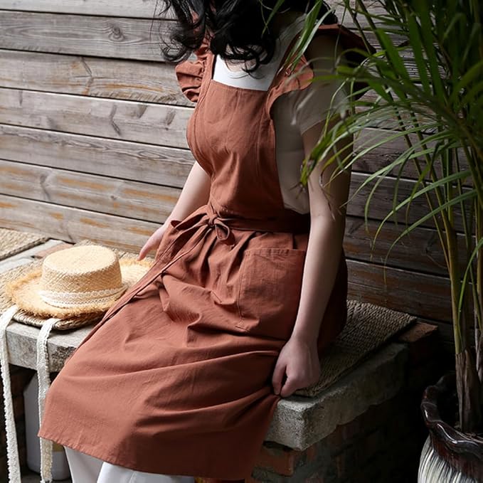 ODIZLI Frill Apron for Women Cotton Cross Back Vintage Ruffle Apron for Garden Cooking Aprons