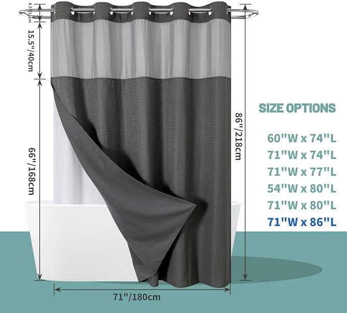 eachope Charcoal Grey Extra Long No Hook Waffle Weave Shower Curtain with snap-in Liner Replacement, 230GSM Waterproof Fabric Hotel Shower Curtain Set for Bathroom, Through Mesh Top Window,71Wx86H