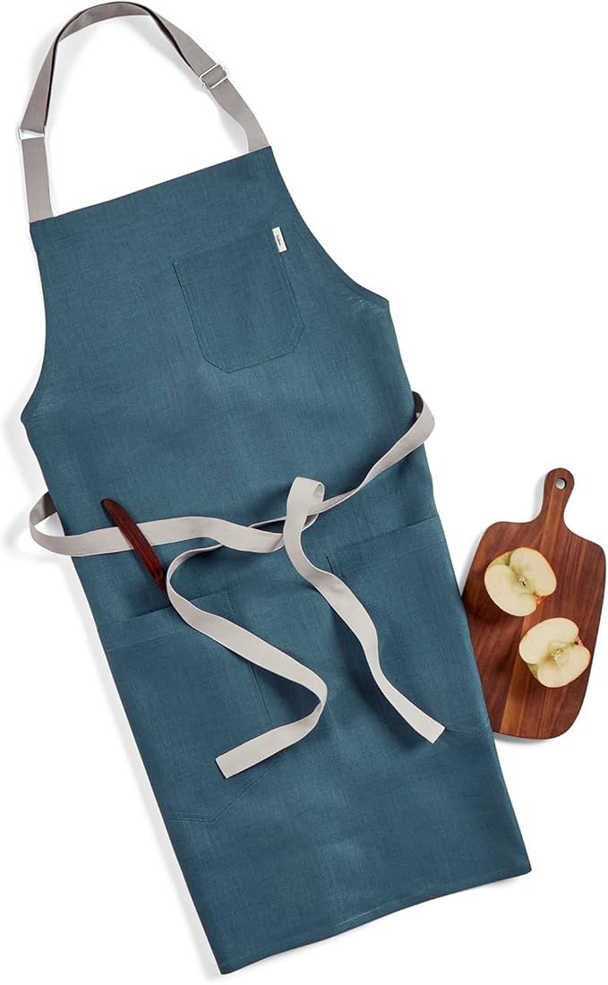 Solino Home Linen Bib Apron for Men & Women - 33 x 30 Inch Kitchen Apron with Front Pockets - Handcrafted from European Flax
