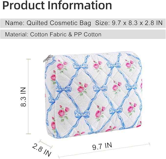 Gleyemor Quilted Makeup Bag for Women, Cute Floral Bow Cosmetic Bag, Emergency Bag Travel Toiletry Cotton Pouch Gifts for Girls Her Mom Friend Sister Bridesmaid (Blue Bowknot&Rose)