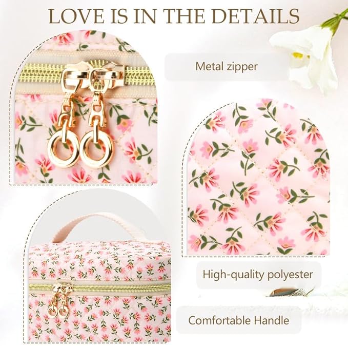 3 PCS Travel Makeup Bag Set, A–Z Initials Cotton Quilted Cosmetic Bag for Women & Preppy, Personalized Toiletry Bag Travel Accessories Makeup Brushes Organizer, Valentine’s Day & Birthday Gift for Her