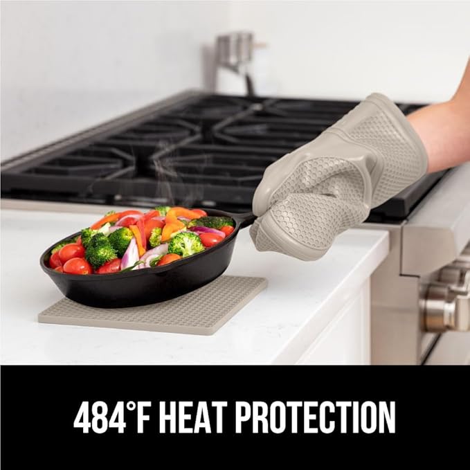 GORILLA GRIP BPA-Free Soft Silicone Oven Mitts and Pot Holders Sets of 4, Heat Resistant Waterproof Cooking Gloves, Thick Cotton Lining, Flexible Gripping for Baking Grilling, Kitchen Trivets, Almond