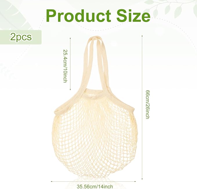 Gtziqa 2 Pack Reusable Mesh Grocery Bags, String Bags Cotton Net Tote Produce Bag Washable Long Handle Farmers Market Bag Portable Fruit and Vegetable Bags, Beige