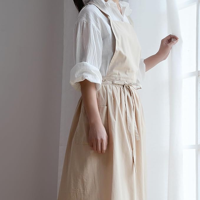 ODIZLI Frill Apron for Women Cotton Cross Back Vintage Ruffle Apron for Garden Cooking Aprons