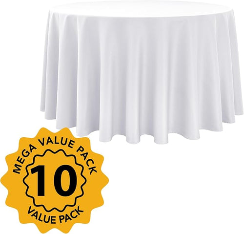10-Pack White Round Tablecloths, 108 Inches, Stain-Resistant Polyester for 4-5 Ft Round Tables - Washable Table Covers for Weddings, Banquets, Birthday Parties, Events