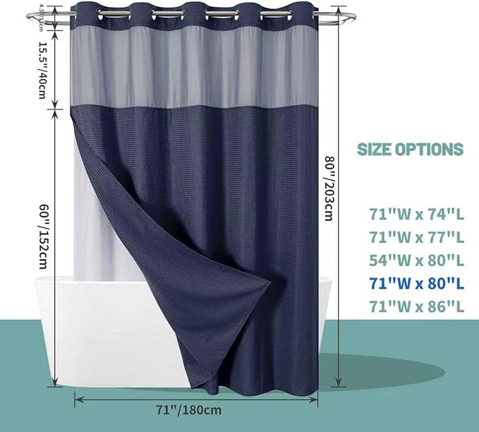 eachope Navy Long No Hook Waffle Weave Shower Curtain with snap-in Liner Replacement, 230GSM Waterproof Fabric Hotel Shower Curtain Set for Bathroom, Through Mesh Top Window,71Wx80H