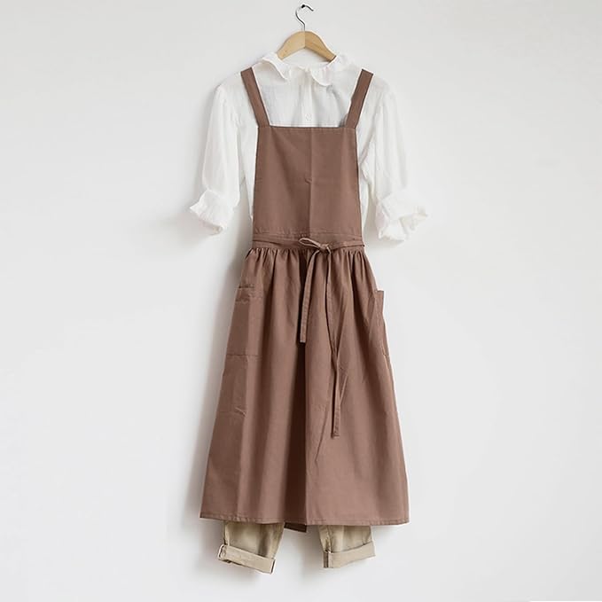 ODIZLI Frill Apron for Women Cotton Cross Back Vintage Ruffle Apron for Garden Cooking Aprons