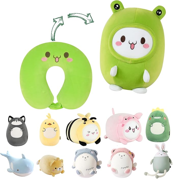 stocaggio Kids Travel Pillow - 2-in-1 Deformable Kids Neck Pillow for Traveling, Soft U-Shaped Pillow with Adorable Animal Design, Comfy Sleep and Play, Ideal for Airplanes and Traveling (Green Frog)