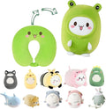 stocaggio Kids Travel Pillow - 2-in-1 Deformable Kids Neck Pillow for Traveling, Soft U-Shaped Pillow with Adorable Animal Design, Comfy Sleep and Play, Ideal for Airplanes and Traveling (Green Frog)