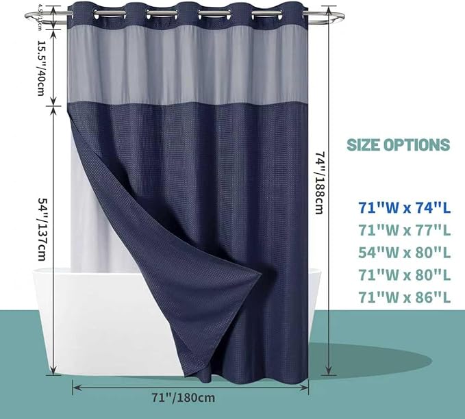 eachope Navy No Hook Waffle Weave Shower Curtain with snap-in Liner Replacement, 230GSM Waterproof Fabric Hotel Shower Curtain Set for Bathroom, Through Mesh Top Window,71Wx74H