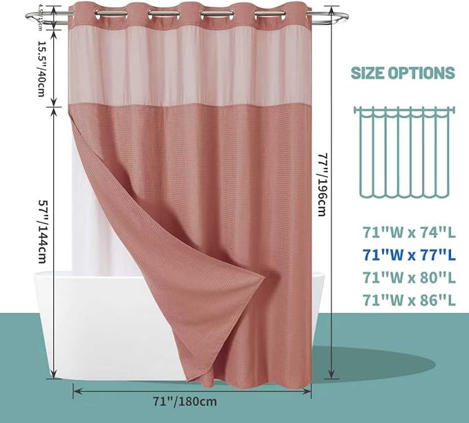 eachope Coral No Hook Waffle Weave Shower Curtain with snap-in Liner Replacement, 230GSM Waterproof Fabric Hotel Shower Curtain Set for Bathroom, Through Mesh Top Window,71Wx77H