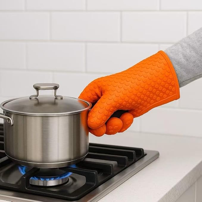 Orange Heat Resistant Oven Gloves, Silicone Kitchen Mitts, Non-Slip Pot Holder Gloves, 1 Size Fits All, Water Proof Men & Women Kitchen Glove for Cooking,Baking,BBQ, Single Glove