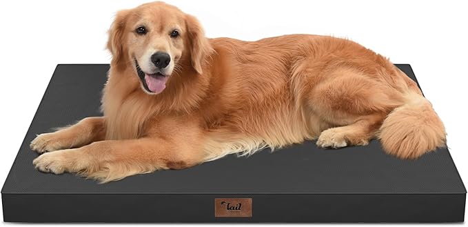 Tail Stories Outdoor Orthopedic Dog Bed for Extra Large Dogs, XL Waterproof Flat Pet Bed 44x32 Inch, Egg Crate Foam with Removable Washable Oxford Cooling Cover, Black