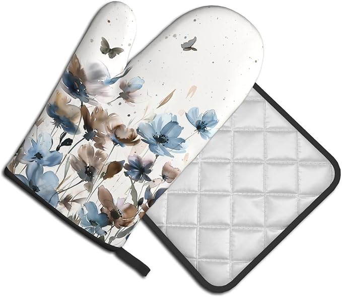 Blue Brown Floral Oven Mitts and Pot Holder Sets 2-Pack Watercolor Flower Kitchen Mitts Farmhouse Heat Resistant Oven Gloves Potholder for Home Kitchen Cooking Baking Grilling Gifts