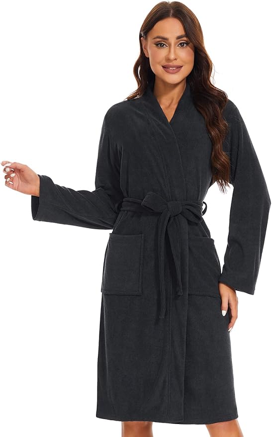 Knuffnee Women Bath Robes Terry Cloth Towel Robe Knee Length Bathrobe with Pockets