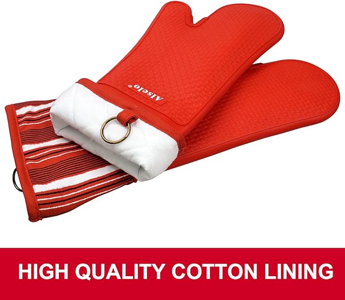 Silicone Oven Mitts Heat Resistant 550 Degree, Extra Long Kitchen Mittens with Non-Slip and Waterproof Pot Holders for Baking Cooking Barbecue Microwave Machine Washable(Extra Long red, 2)