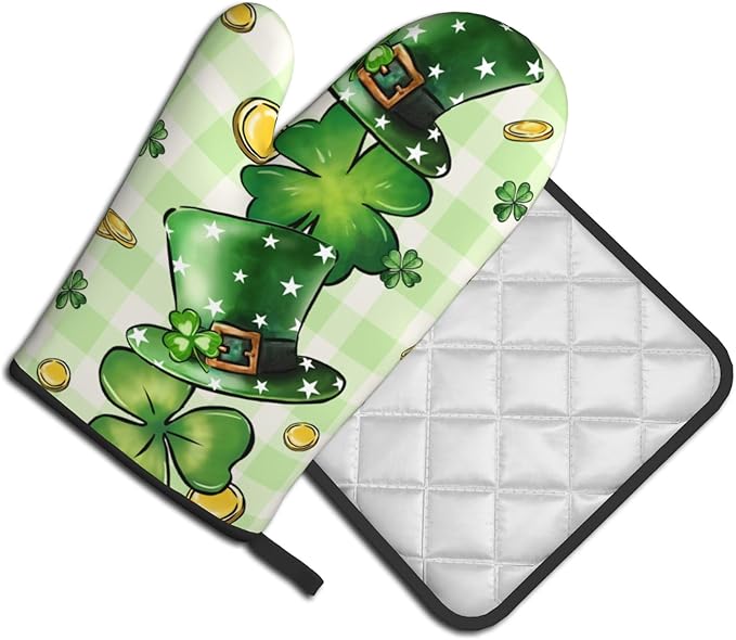St Patricks Day Shamrock Hat Oven Mitts and Pot Holders Set of 2 Clover Gold Coin Heat Resistant Potholders Oven Hot Pads Buffalo Plaid Oven Gloves Accessories for Kitchen Chef Cooking BBQ