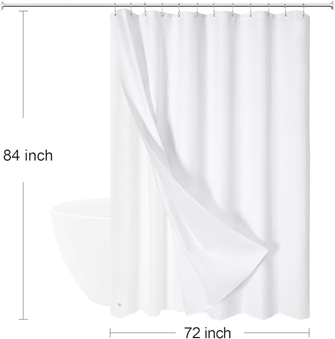 Craidlela 3 in 1 Extra Long Shower Curtain Set-72 W x 84 H, White Waffle and PEVA Liner Set with 12 Stainless Steel Hooks, Waterproof Fabric for Bathroom