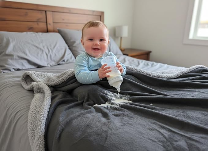 Bedding Aid Waterproof Throw Blanket - Sherpa Fleece Reversible Cover, Soft Warm Leak-Proof Bed & Couch Protector for Kids, Pets & Everyday Spills (Charcoal Grey/Silver Grey, Throw 50x60