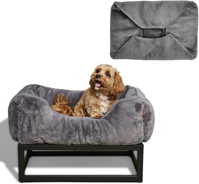 FUZI Elevated Dog Bed Large with Extra Cover, Luxury Raised Dog Beds, Removable and Machine Washable Bed Cover, Indoor/Outdoor Orthopedic Pet Bed, Large 35.6x28.5x18 Dark Grey and Black Base