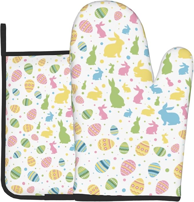 Easter Bunny Oven Mitts and Pot Holders Set of 2,Cute Rabbit Kitchen Baking Accessories Sets,Colorful Eggs Heat Resistant Oven Glove Potholders for Kitchen Cooking BBQ