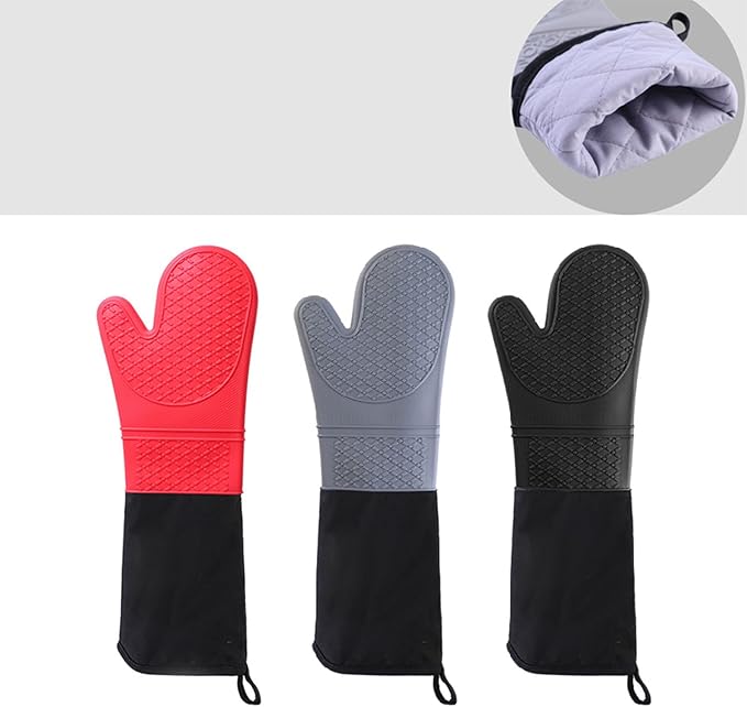 Extra Long 19.5",Silicone Oven Mitts Heavy Duty Commercial Grade Oven Mitts Heat Resistant BBQ Gloves with Quilted Cotton Lining 2 Pack (Gray)