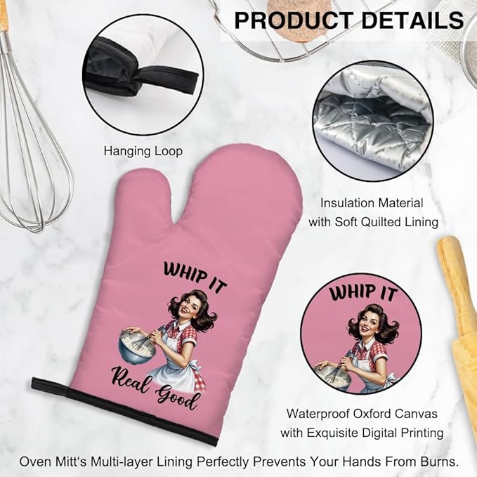 Whip it Real Good Funny Oven Mitts and Pot Holders Set, Humor Chef Tools, Vintage Baking Great Kitchen Mitts, Gifts for Dessert Lovers, Birthday Cooking Gifts for Female Chef Baker Friends