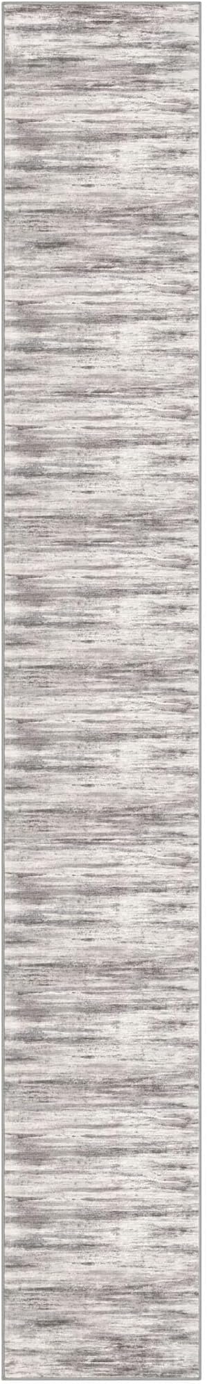 KOZYFLY Modern Abstract Washable Long Runner Rug 2.6x18 Hallway Rug Runner Non-Slip Soft Stair Runner Rugs, Grey-Beige Striped Carpet for Kitchen Entryway Bathroom Laundry Room Foyer