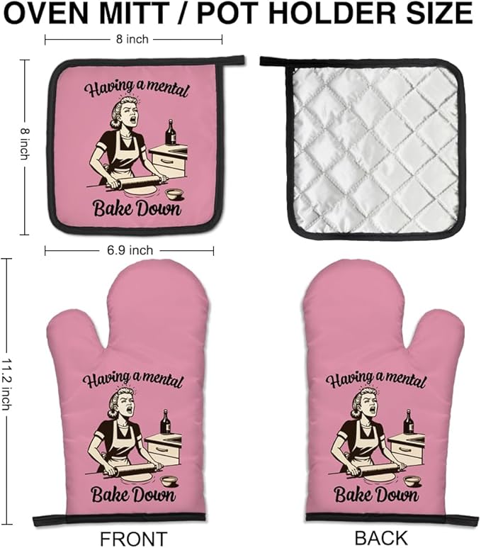 Having a Mental Bake Down Funny Oven Mitts and Pot Holders Set, Great Kitchen Tools for Making Cakes and Desserts, Gifts for Baking Enthusiasts, Thanksgiving Gifts for Women Chef Baker Friends
