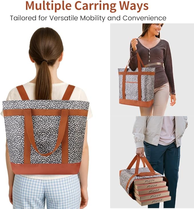 Reusable Grocery Tote Bags, Insulated Cooler Shopping Bag for Women/Men, Pizza/Food Delivery Bags to Keep Food Hot/Cold for Commercial Food Transport, Cooler Bag for Travel/Beach/Picnic, Cow Print
