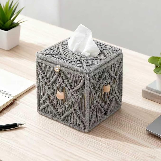 KaloKalo Handmade Tissue Box Cover Decorative Macrame Boho Square Tissue Holder Cotton Rope Woven Napkin Facial Paper Organizer Bohemian Desk Storage Container with Buckle Wood Beads (Grey)