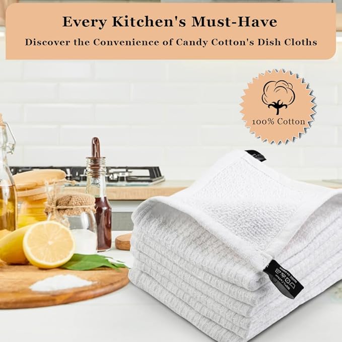 Candy Cottons DishCloths Kitchen|Waffle Terry Weave Hand Towels|Cotton 12"x12" Reusable Dish Rags Washing Scrub Cleaning Dishes|Dish Bar Mop Towels Hand Wipes| washcloth |6 Pc Set-White