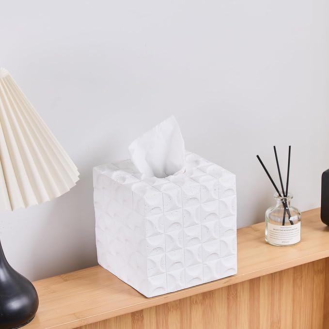 White Mosaic Tissue Box Cover Square for Home Decor, Relief Sculptured Geometric Cube Resin Heavy Tissue Box Holder for Bathroom Countertop, Tabletop, Night Stand, Office Desk