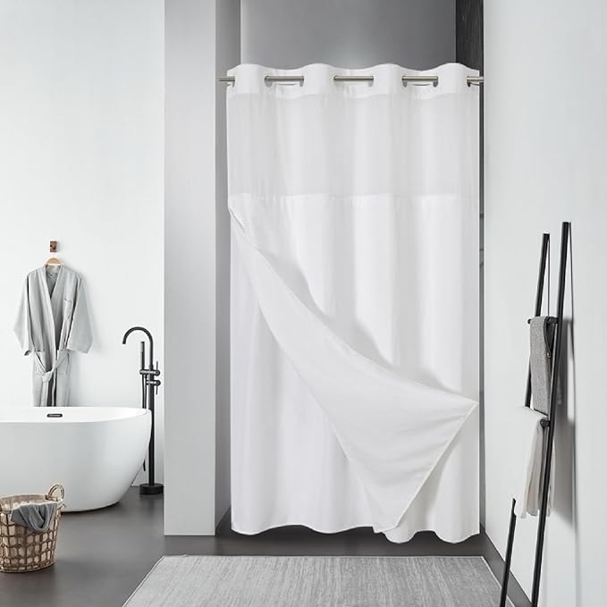 eachope White No Hook Waffle Weave Shower Curtain with snap-in Liner Replacement, 230GSM Waterproof Fabric Hotel Shower Curtain Set for Bathroom, Through Mesh Top Window,48Wx74H