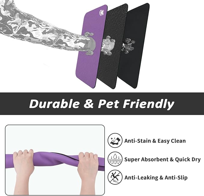 HotLive Dog Food Mat - Absorbent Cat Mat for Food and Water, No Stains Pet Feeding Bowl Mat, Easy to Clean Pet Placemats, Quick Dry Dog Water Dispenser Mat for Messy Drinkers | Paw Purple 16"x 24"