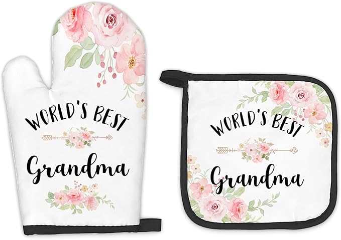 Grandma Gifts Oven Mitts and Pot Holders Sets, Gifts for Grandma from Grandkids Kitchen Decor Accessories Sets, World’s Best Grandma Heat Resistant Oven Glove Potholders for Kitchen Cooking