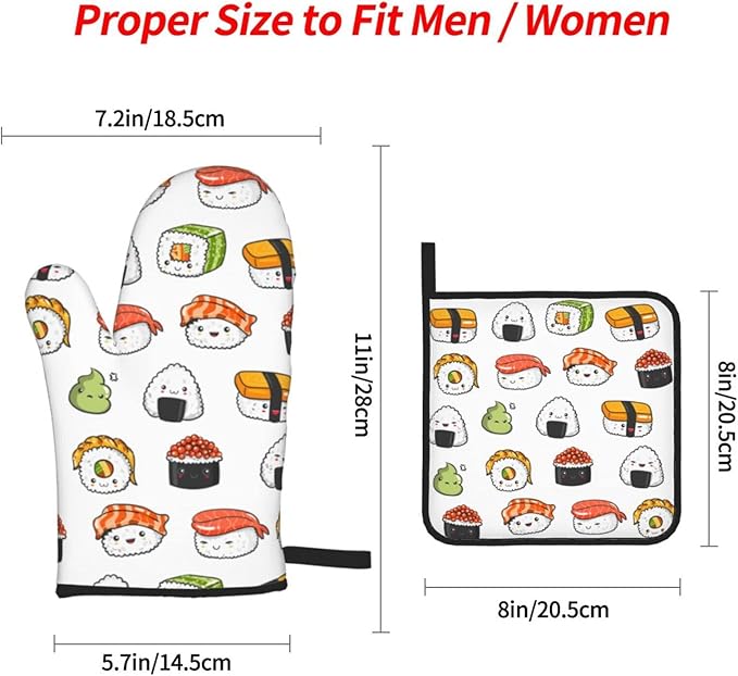 Japanese Kawaii Sushi Oven Mitts and Pot Holders Set of 4, Oven Mittens and Potholders Heat Resistant Gloves for Kitchen Cooking Baking Grilling BBQ