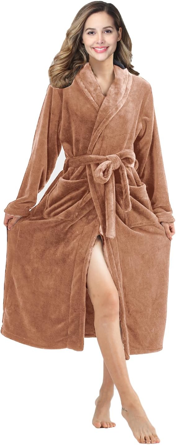 RONGTAI Womens Bathrobe Ladies Fleece Plush Warm Long Robes Fleece Nightgown Sleepwear