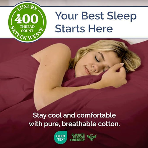 400 Thread Count Cotton Sheet Set - Cal King Size 100% Cotton Sheets - Easily Fits 8" to 16" Mattress - Silky-Soft, Wrinkle Free, Breathable & Comfy - Deep Pockets & Hotel Style Bedding Set - Burgundy