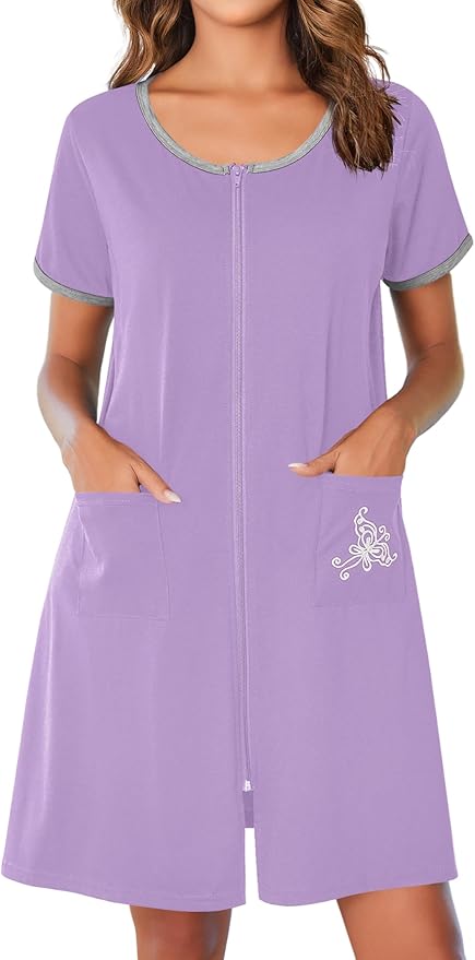 Ekouaer Zip Up Robes for Women Short Sleeves Zipper House Coat Short Bathrobes Lightweight Nightgown with Pockets S-3XL
