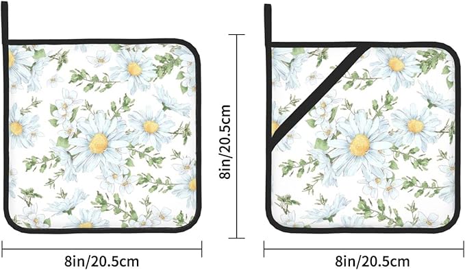 2pcs White Daisy Pot Holders Flower Printing Heat Resistant Hot Pads Green and White Background Cooking Barbecue Microwave Washable BBQ Grilling Potholders