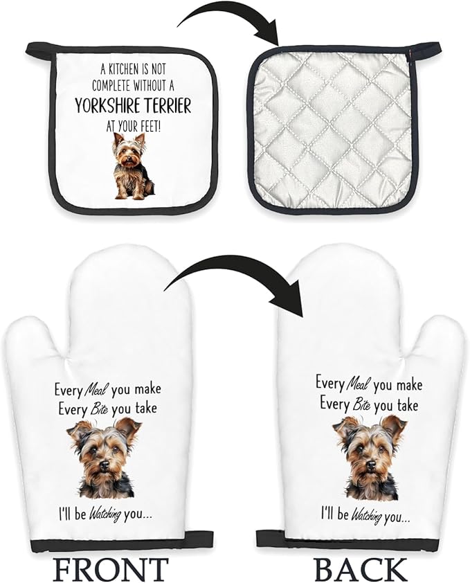 Yorkshire Terrier Gifts Dog Oven Mitts and Pot Holders Sets, Yorkshire Terrier Dog Decor Kitchen Accessories Sets, Complete Without Dogs Heat Resistant Oven Glove Potholders for Kitchen Baking
