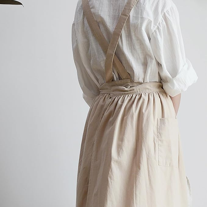 ODIZLI Frill Apron for Women Cotton Cross Back Vintage Ruffle Apron for Garden Cooking Aprons