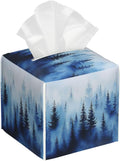 Blue Forest Tree Tissue Box Cover Square Leather Tissue Holder Decorative Facial Tissue Cube Paper Cover Case Organizer for Bathroom Night Stands Desk Tabletop Living Room Home