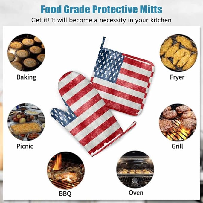 Mxocom Grungy Us Flag Oven Mitts and Pot Holders Sets Vintage American Flag Red Stripes Ancient Country Flag Silicone Heat Resistant Kitchen Oven Gloves Pot Holder for Cooking
