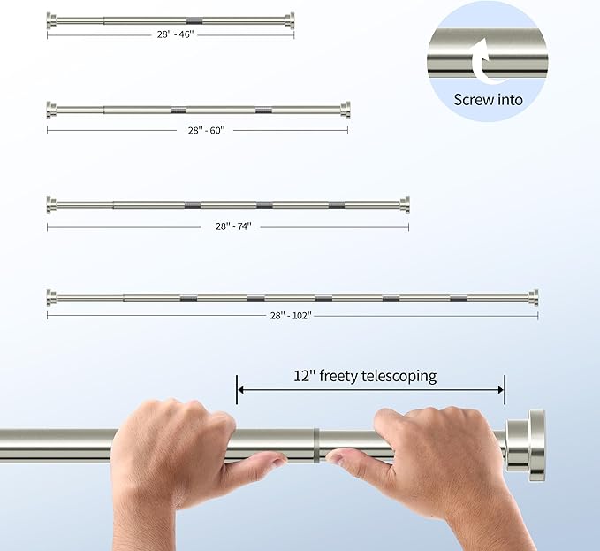 Mcrbeay Shower Curtain Rod, 1" Diameter Heavy Duty Tension Shower Rod, Non Slip Adjustable 28-74 inch No Drill Shower Curtain Rods Spring Tension For Bathroom, Shower Stall, No Rust, Brushed Nickel