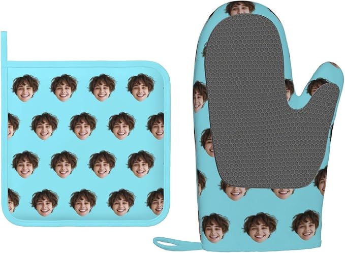 Custom Oven Mitt and Pot Holder with Your Face, Customizable 2 Pcs Silicone Oven Glove and Potholders Personalized Kitchen Gifts for Chefs Cooking Lovers