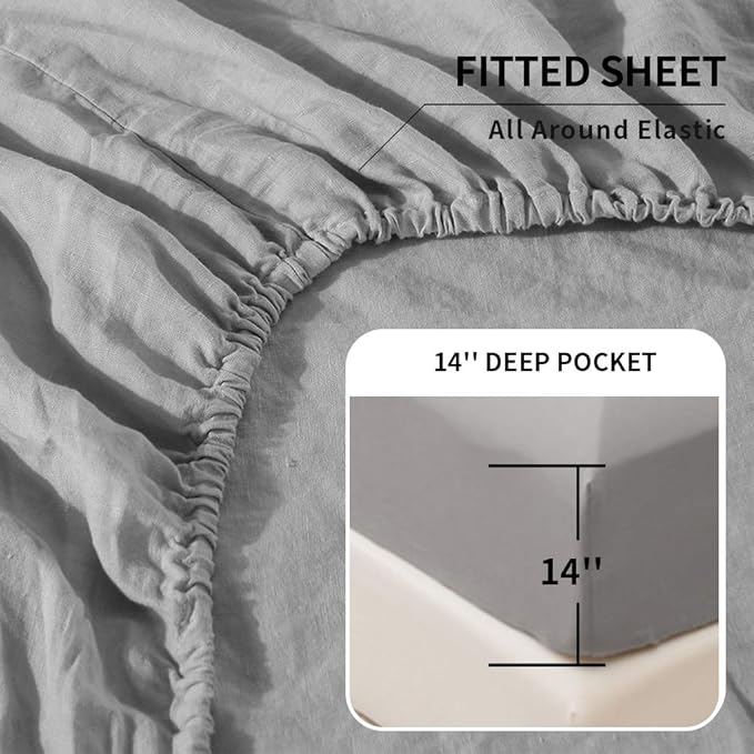 Simple&Opulence Belgian Linen Sheet Set Solid Color - 4 Pieces (1 Flat Sheet, 1 Fitted Sheet & 2 Pillowcases) Natural Flax Cotton Blend Soft Breathable Farmhouse Bedding - Queen Size, Grey