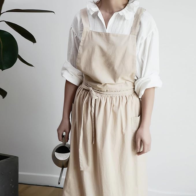 ODIZLI Frill Apron for Women Cotton Cross Back Vintage Ruffle Apron for Garden Cooking Aprons